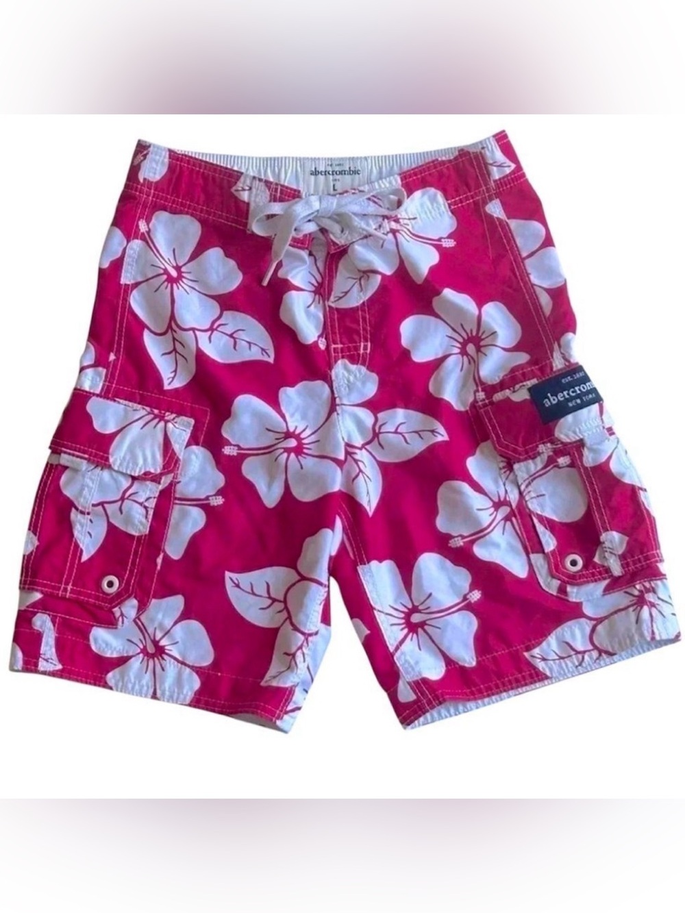 Hawaiian Floral Swim Shorts Pink White Surf Beach Vacation Skater Big Kid L